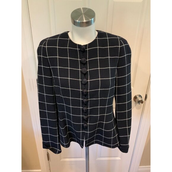 Akris Navy Blue & White Check Button-Up Jacket, Size 10 (US), 42 (FR)
